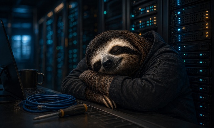 Server engineer resting beside resilient infrastructure