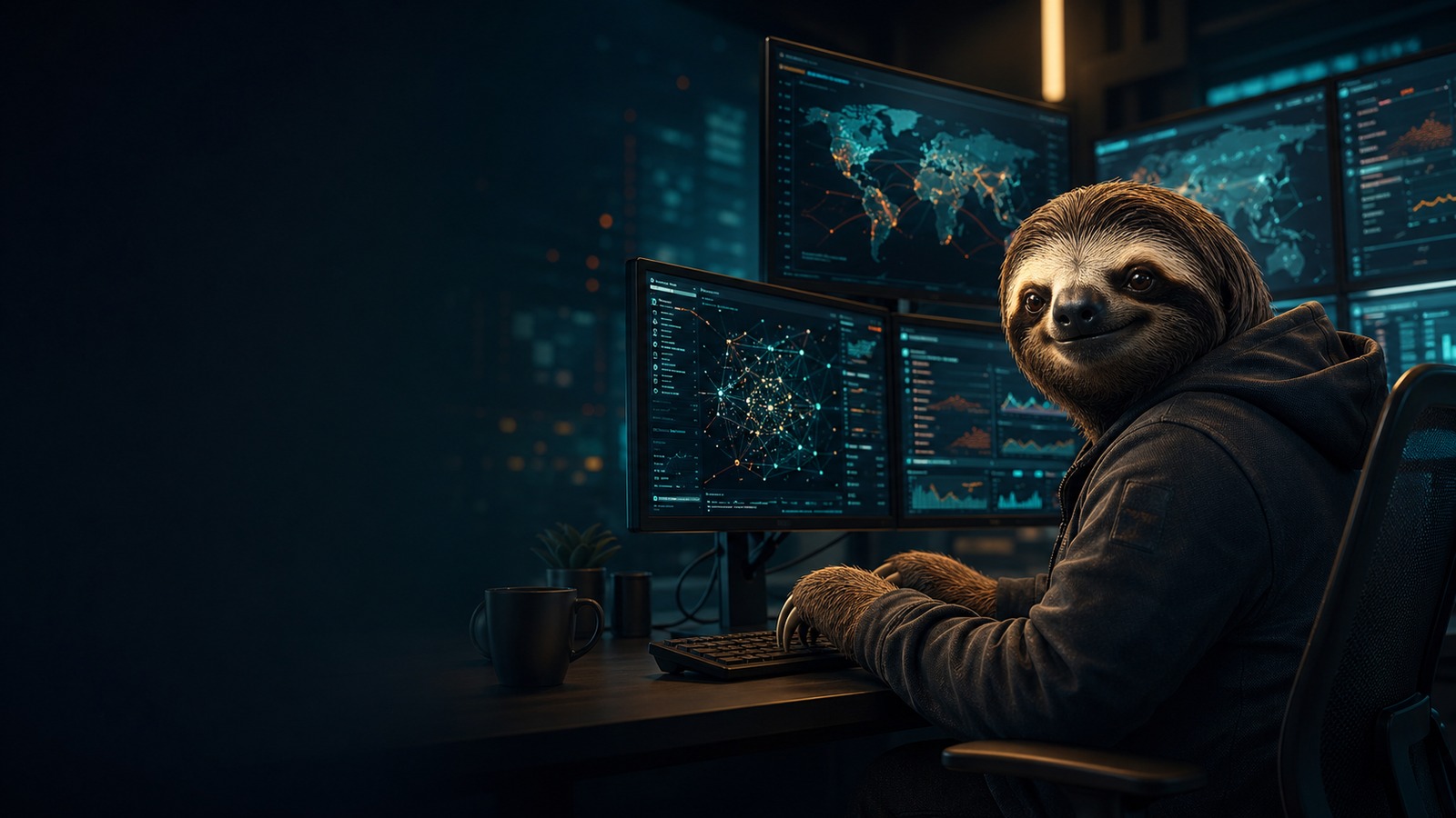 CyberSloth analyst at a security operations workstation